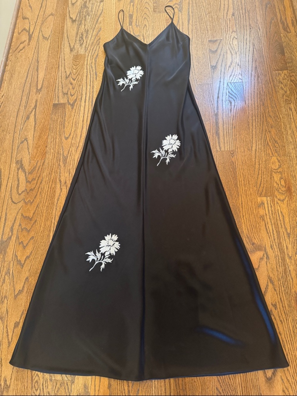 Tory Burch Black Maxi Slip Dress with White Floral Appliqués